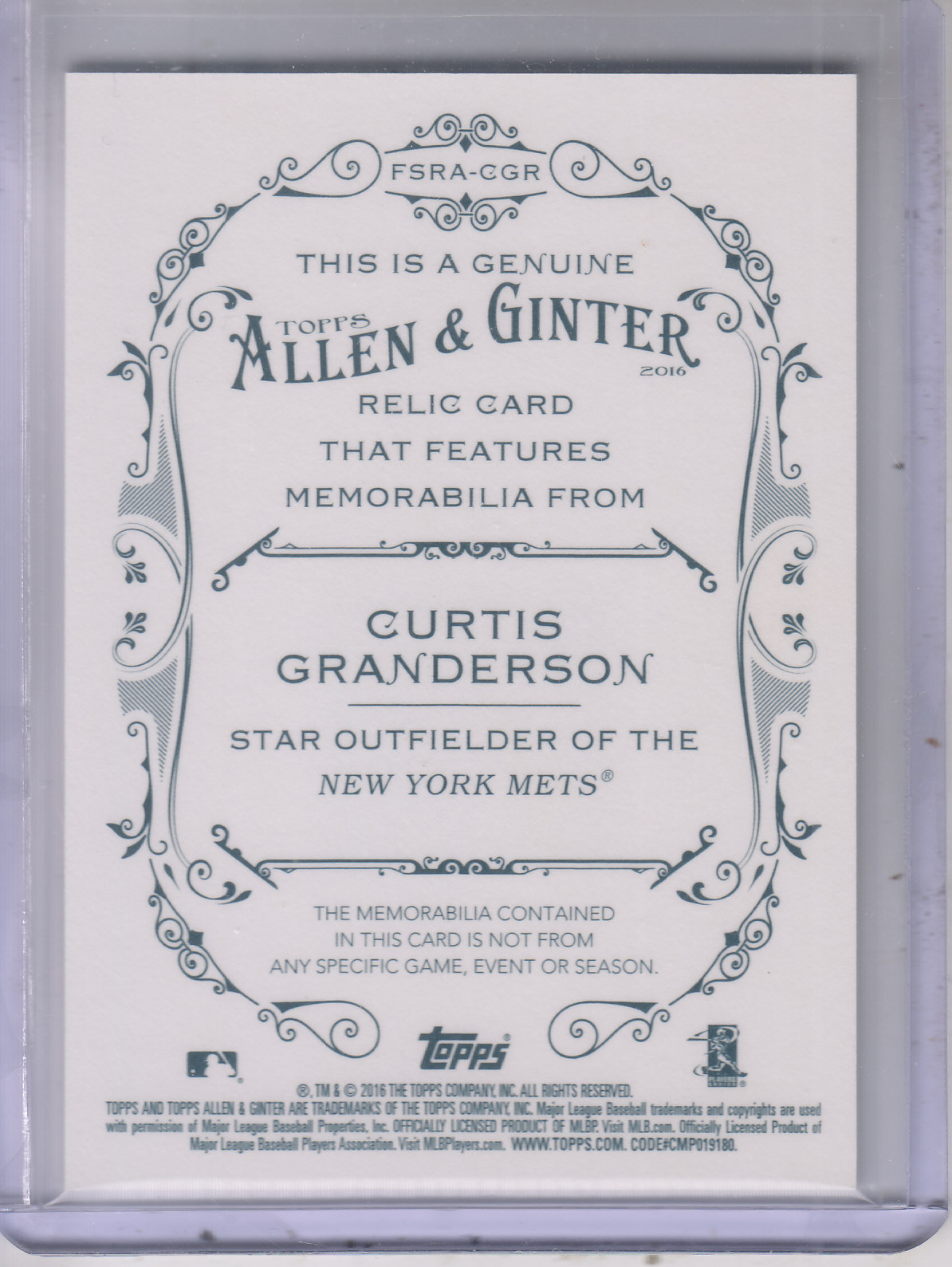 2016 Topps Allen and Ginter Relics #FSRACGR Curtis Granderson A back image
