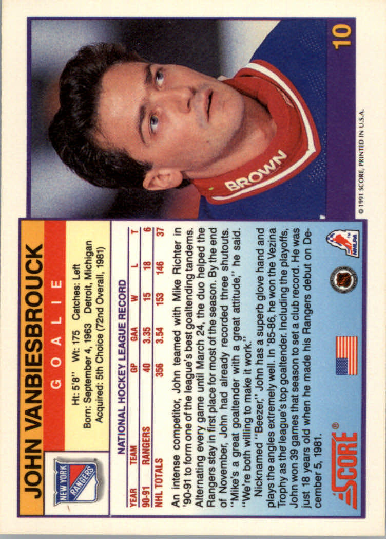 1991-92 Score American #10 John Vanbiesbrouck back image
