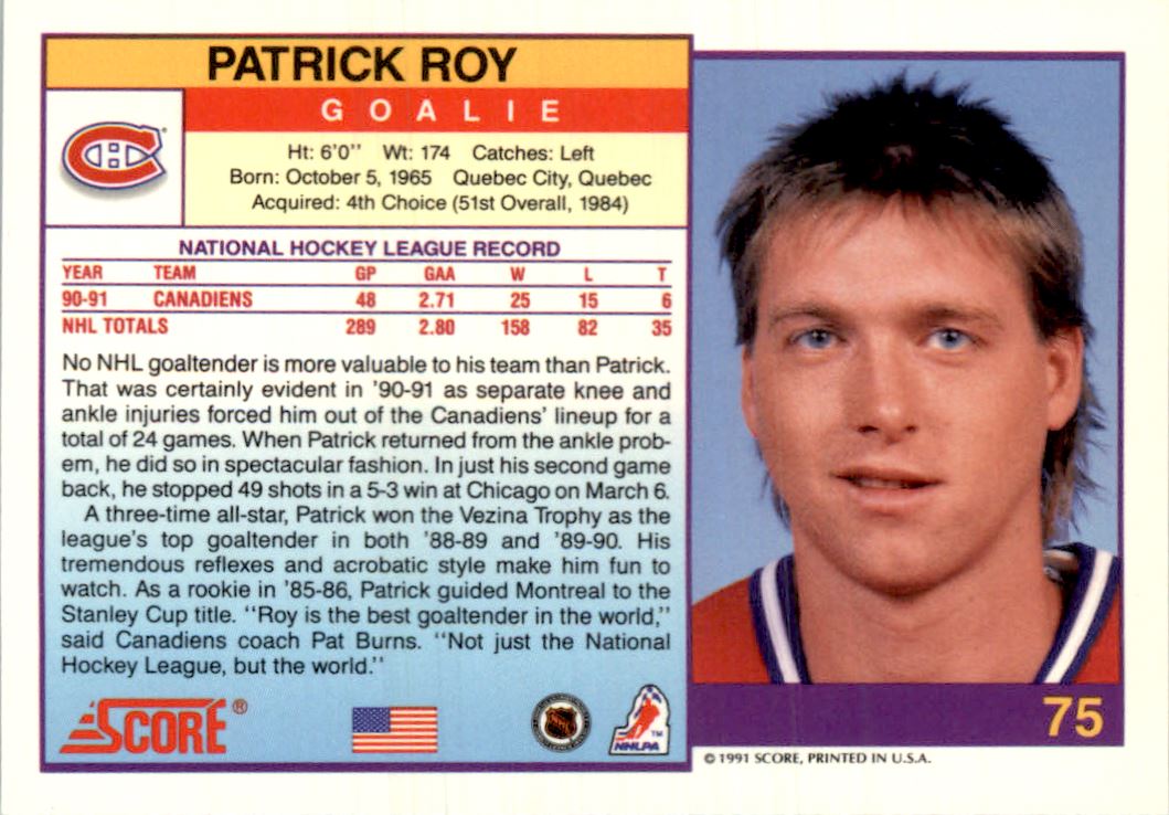 1991-92 Score American #75 Patrick Roy back image