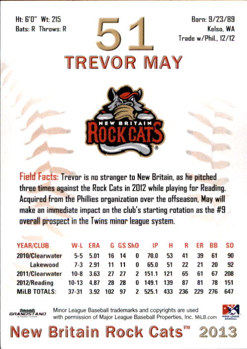 2013 New Britain Rock Cats Grandstand #16 Trevor May back image