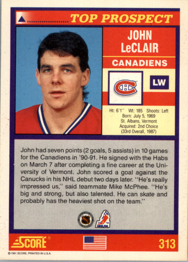 1991-92 Score American #313 John LeClair RC back image