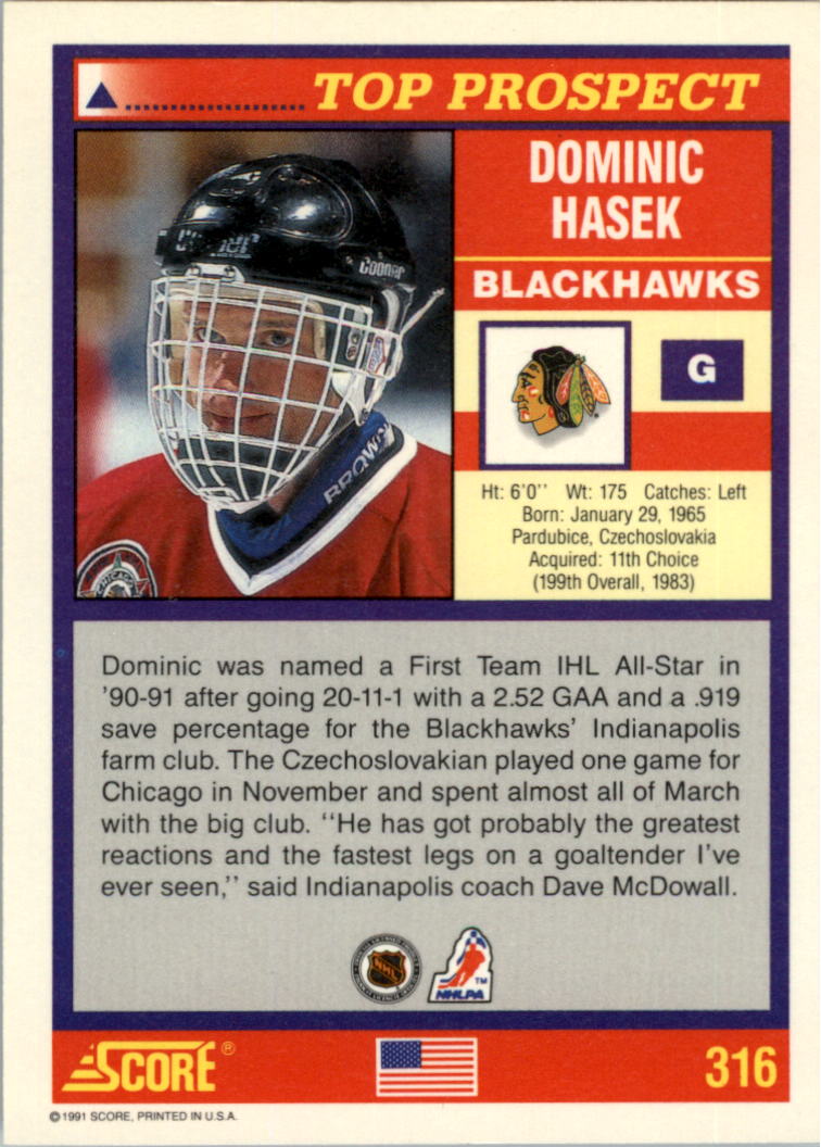 1991-92 Score American #316 Dominik Hasek RC back image