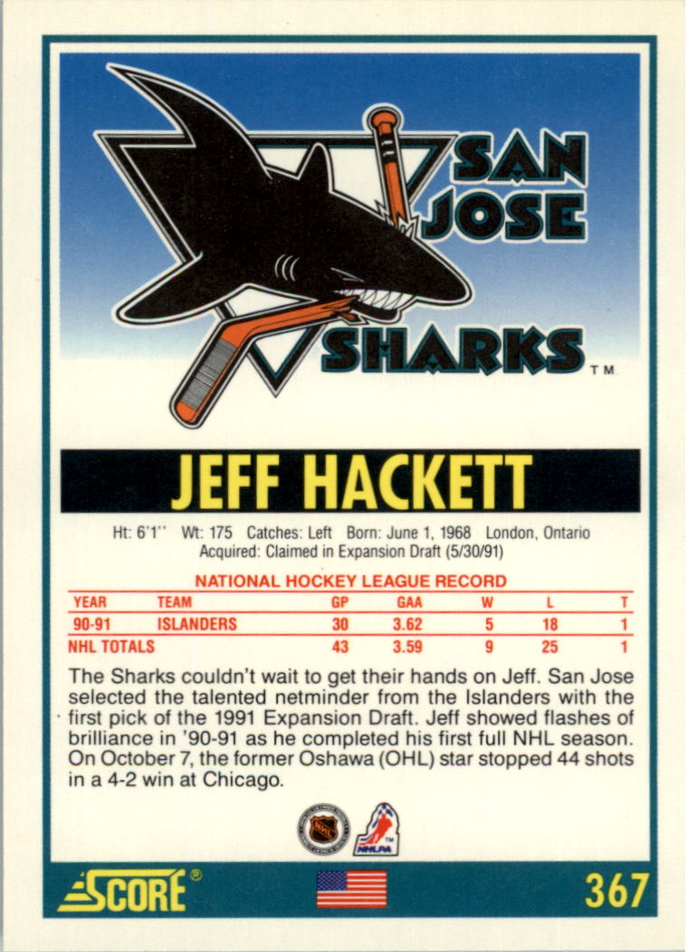 1991-92 Score American #367 Jeff Hackett back image