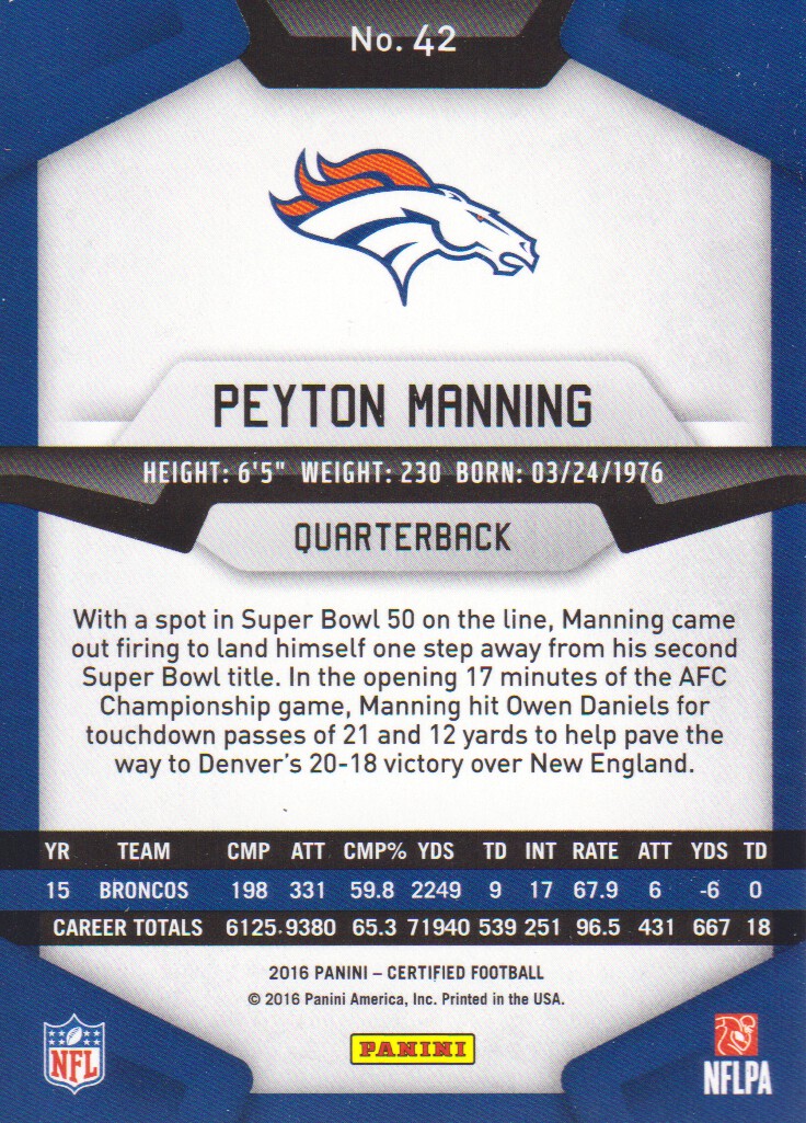 2016 Certified #42 Peyton Manning back image