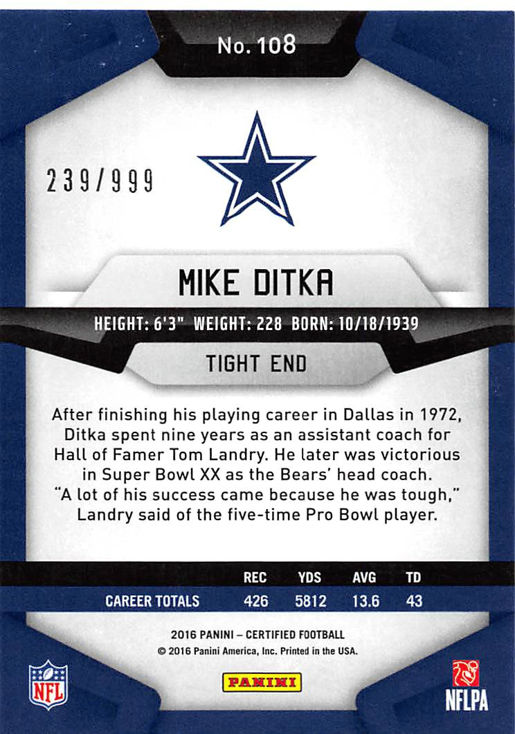 2016 Certified #108 Mike Ditka IMM back image