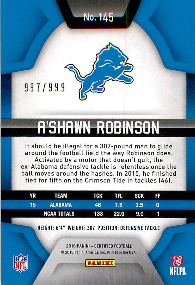 2016 Certified #145 A'Shawn Robinson RC back image