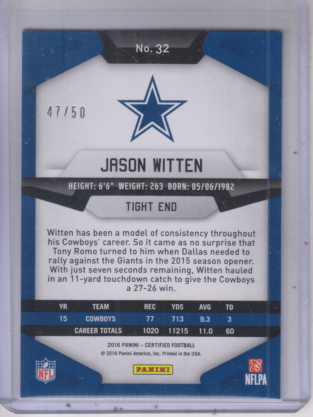 2016 Certified Mirror Blue #32 Jason Witten back image
