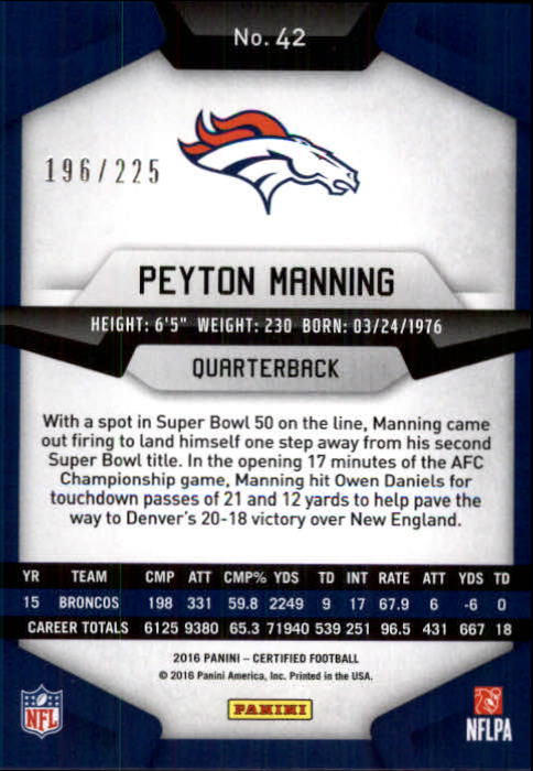 2016 Certified Mirror Orange #42 Peyton Manning back image