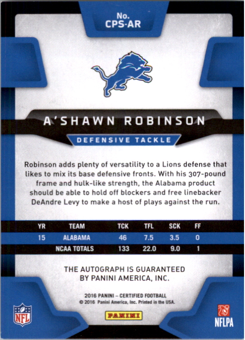 2016 Certified Potential Autographs #CPSAR A'Shawn Robinson/99 back image