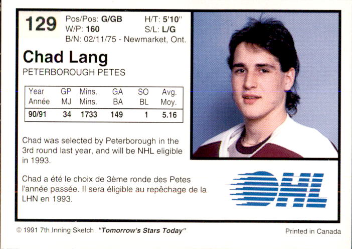 1991-92 7th Inning Sketch OHL #129 Chad Lang back image