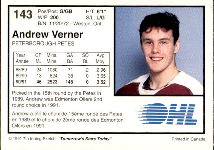 1991-92 7th Inning Sketch OHL #143 Andrew Verner back image