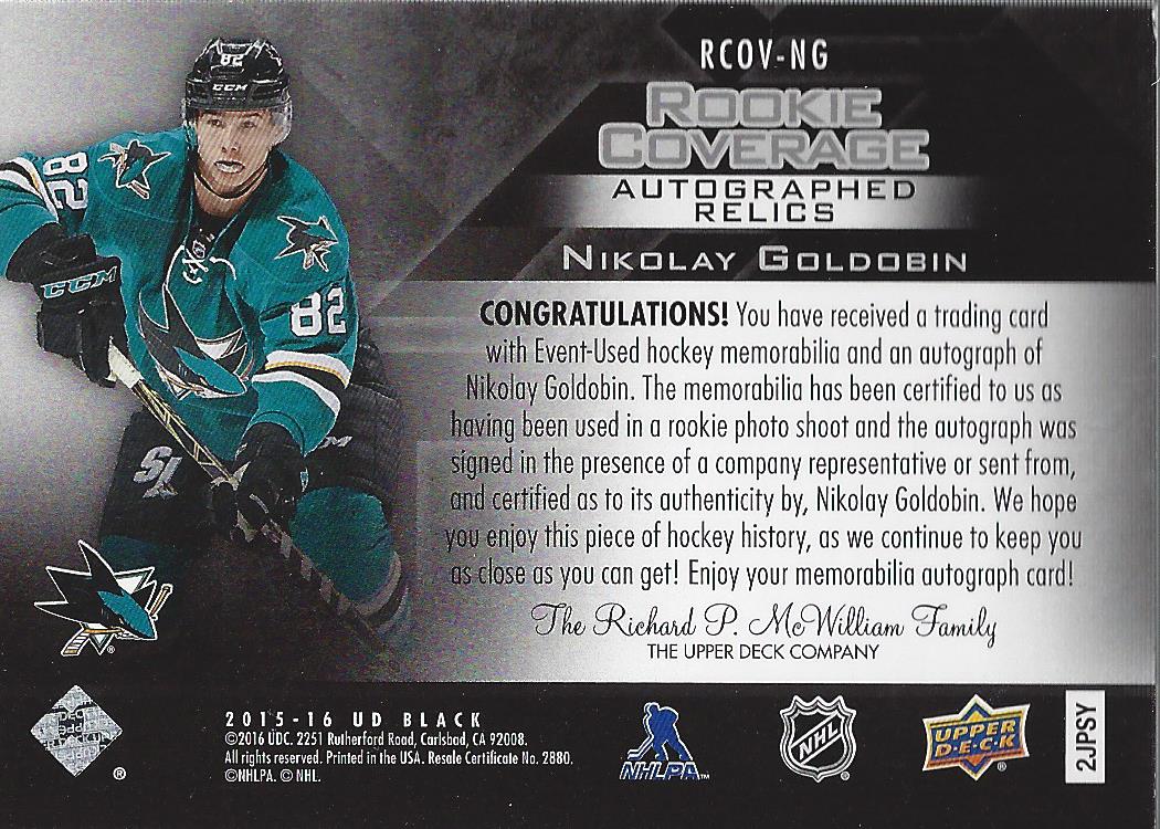 2015-16 UD Black Rookie Coverage Autograph Relics Gold #RCOVNG Nikolay Goldobin back image