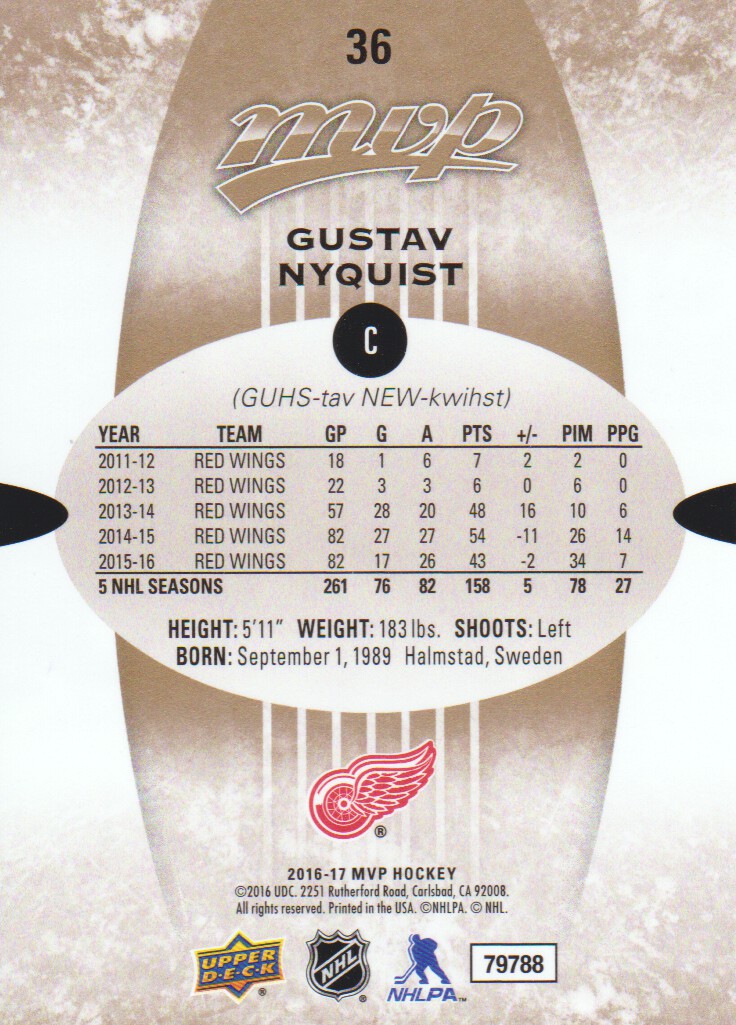 2016-17 Upper Deck MVP #36 Gustav Nyquist back image