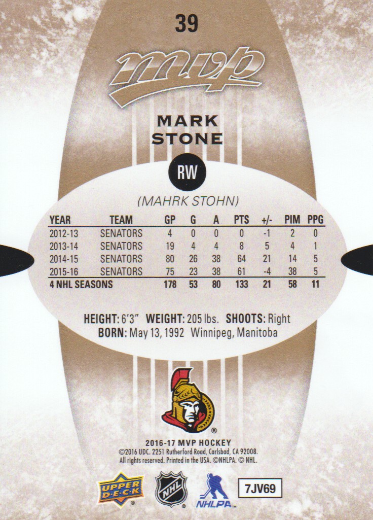 2016-17 Upper Deck MVP #39 Mark Stone back image