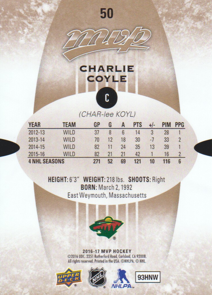 2016-17 Upper Deck MVP #50 Charlie Coyle back image