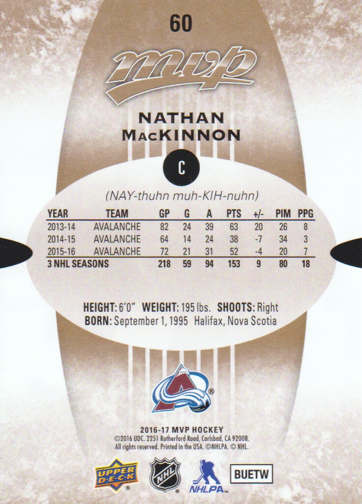 2016-17 Upper Deck MVP #60 Nathan MacKinnon back image