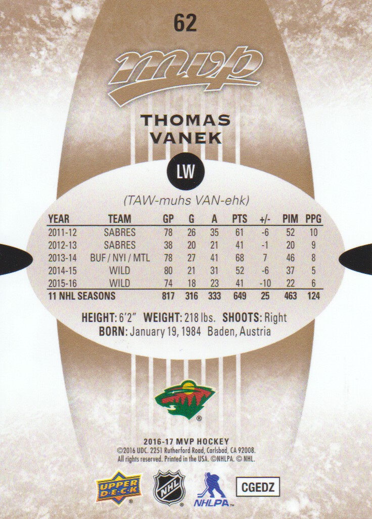 2016-17 Upper Deck MVP #62 Thomas Vanek back image