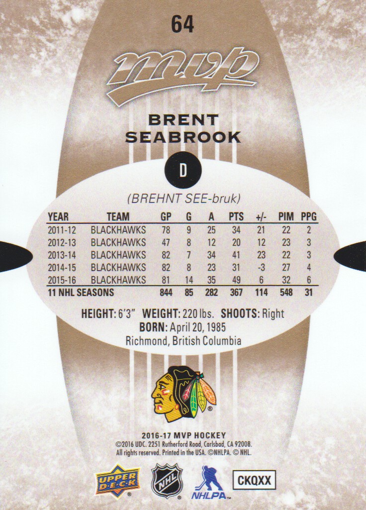 2016-17 Upper Deck MVP #64 Brent Seabrook back image