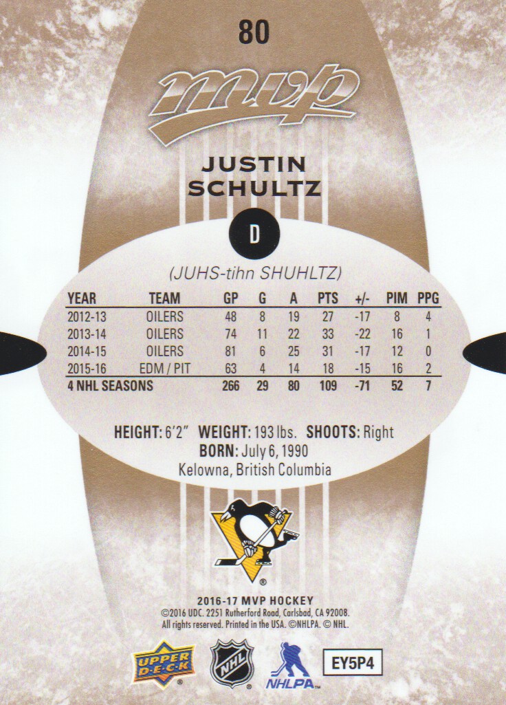 2016-17 Upper Deck MVP #80 Justin Schultz back image