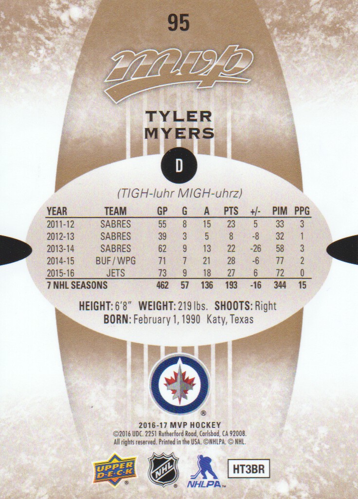 2016-17 Upper Deck MVP #95 Tyler Myers back image