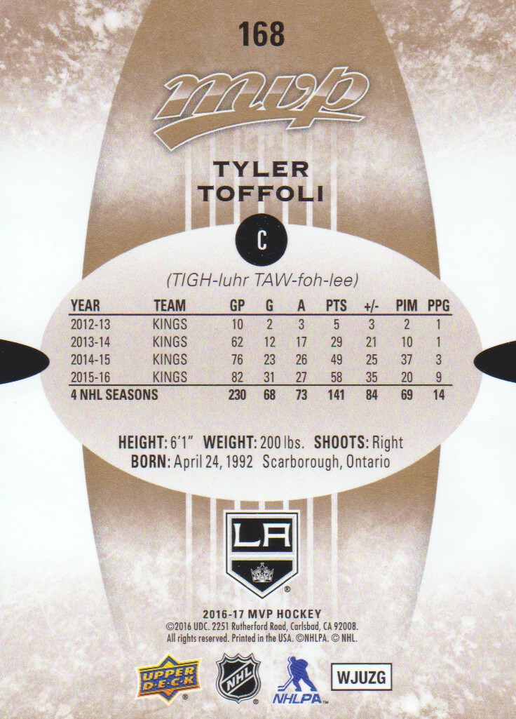 2016-17 Upper Deck MVP #168 Tyler Toffoli back image