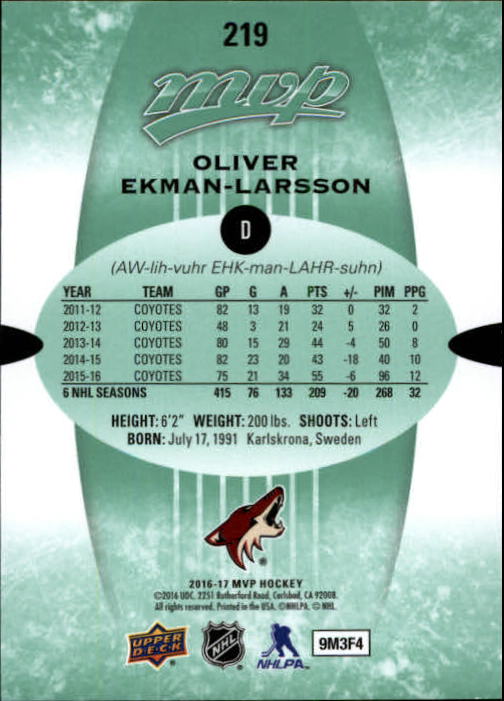 2016-17 Upper Deck MVP Green Script #219 Oliver Ekman-Larsson