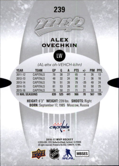 2016-17 Upper Deck MVP Silver Script #239 Alexander Ovechkin