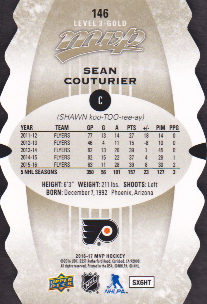 2016-17 Upper Deck MVP Colors and Contours #146 Sean Couturier G3 back image