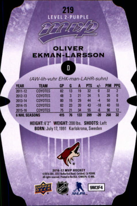 2016-17 Upper Deck MVP Colors and Contours #219 Oliver Ekman-Larsson P2