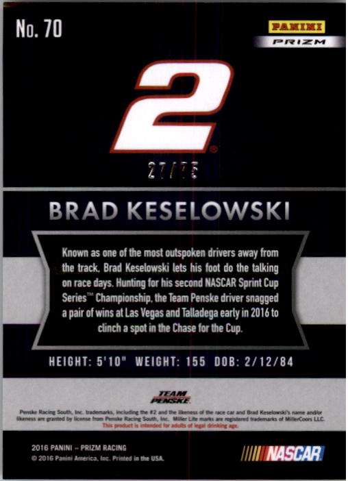 2016 Panini Prizm Prizms Red Flag #70 Brad Keselowski