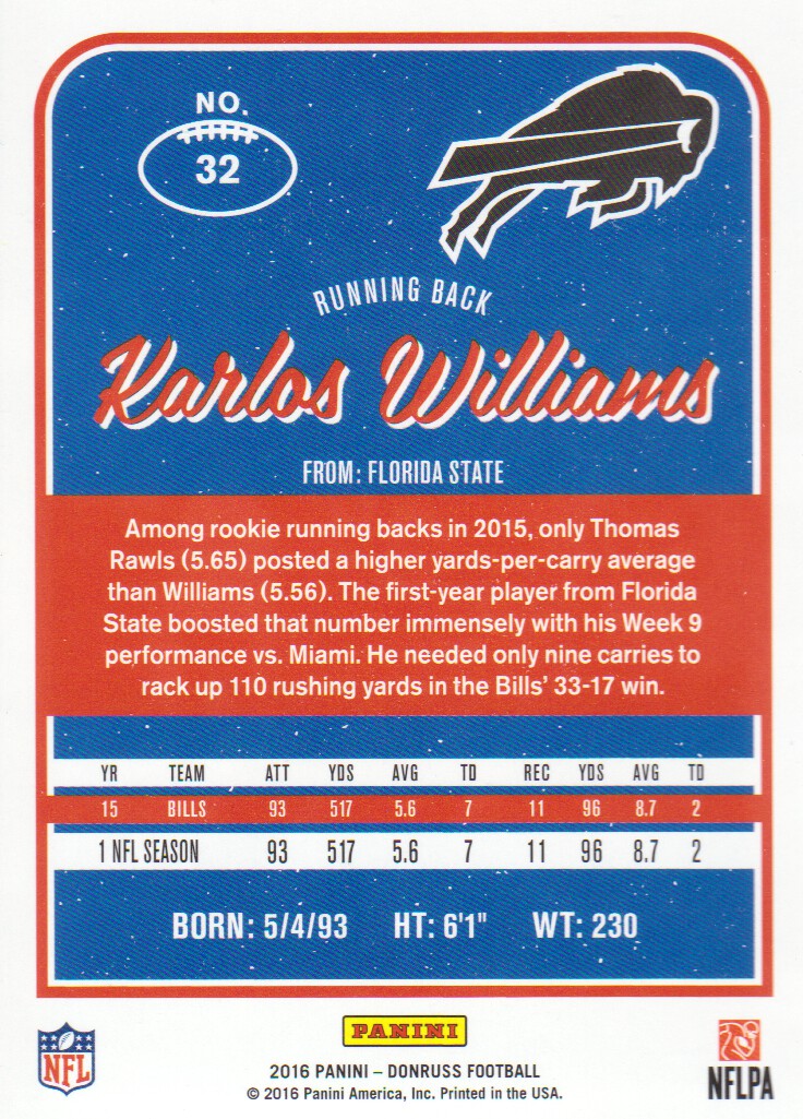 2016 Donruss #32 Karlos Williams back image
