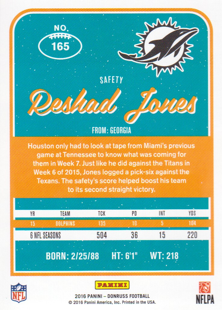 2016 Donruss #165 Reshad Jones RC back image