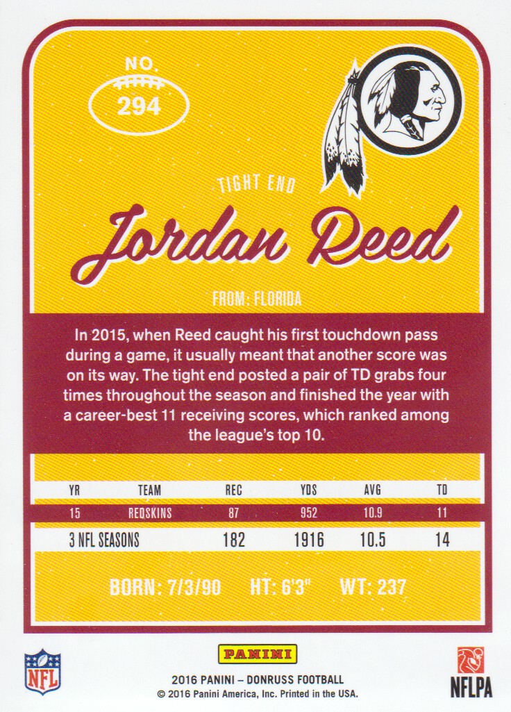 2016 Donruss #294 Jordan Reed back image