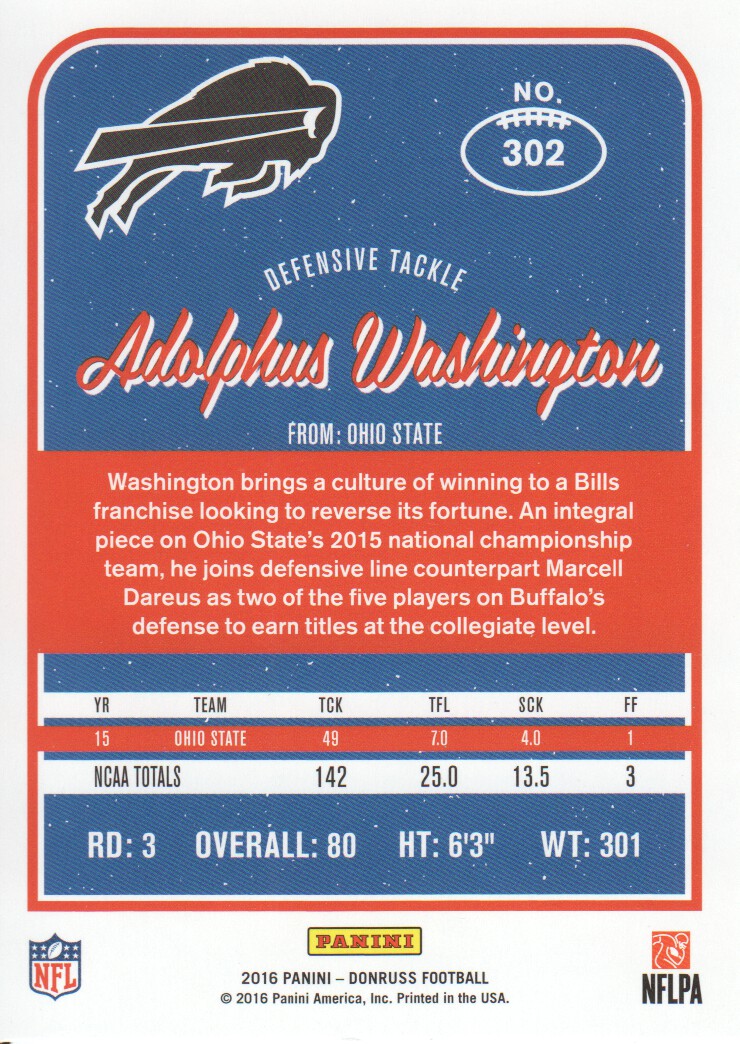 2016 Donruss #302 Adolphus Washington RC back image