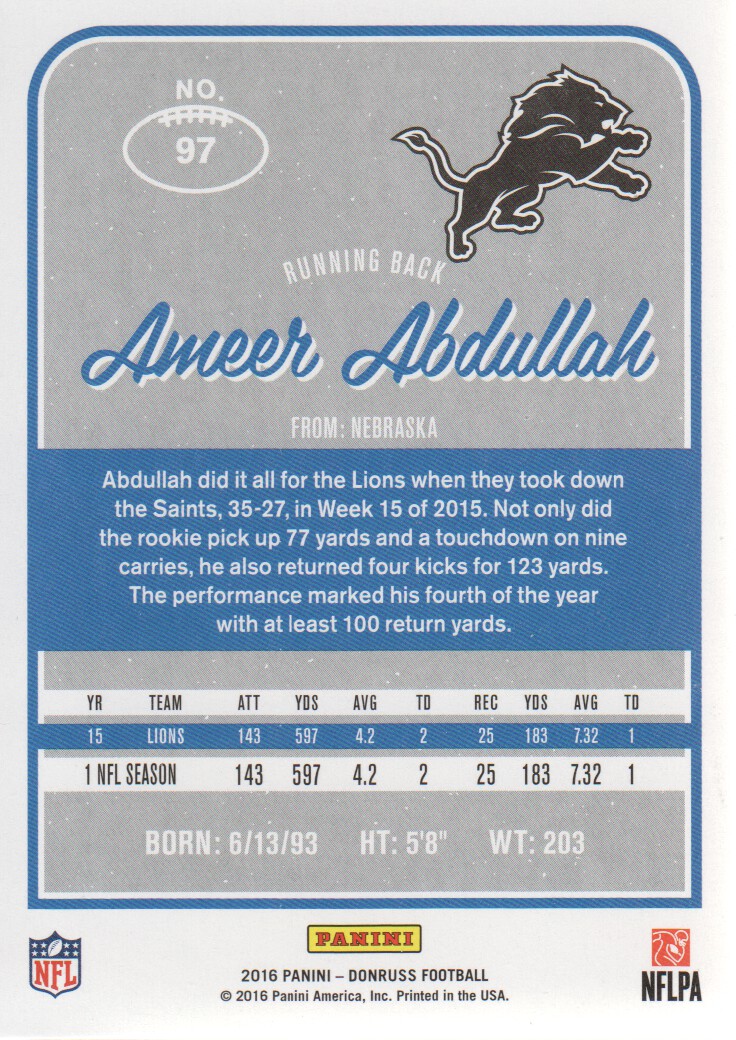 2016 Donruss Press Proofs Gold #97 Ameer Abdullah back image