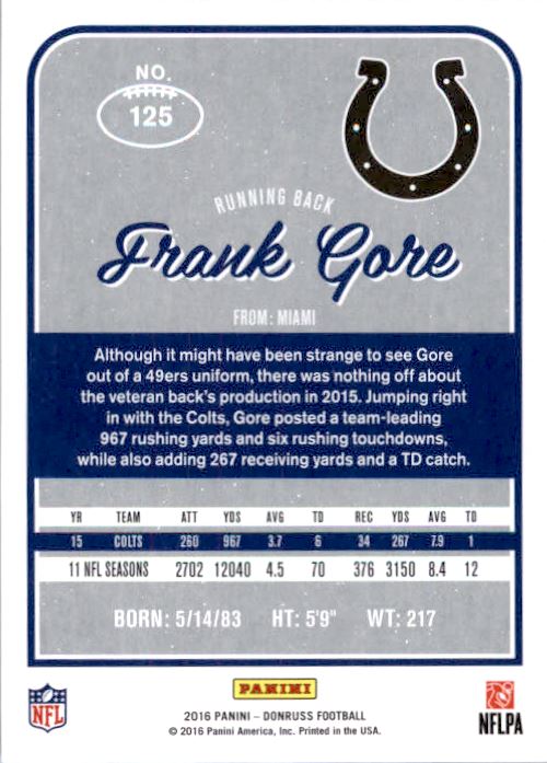 2016 Donruss Press Proofs Gold #125 Frank Gore back image