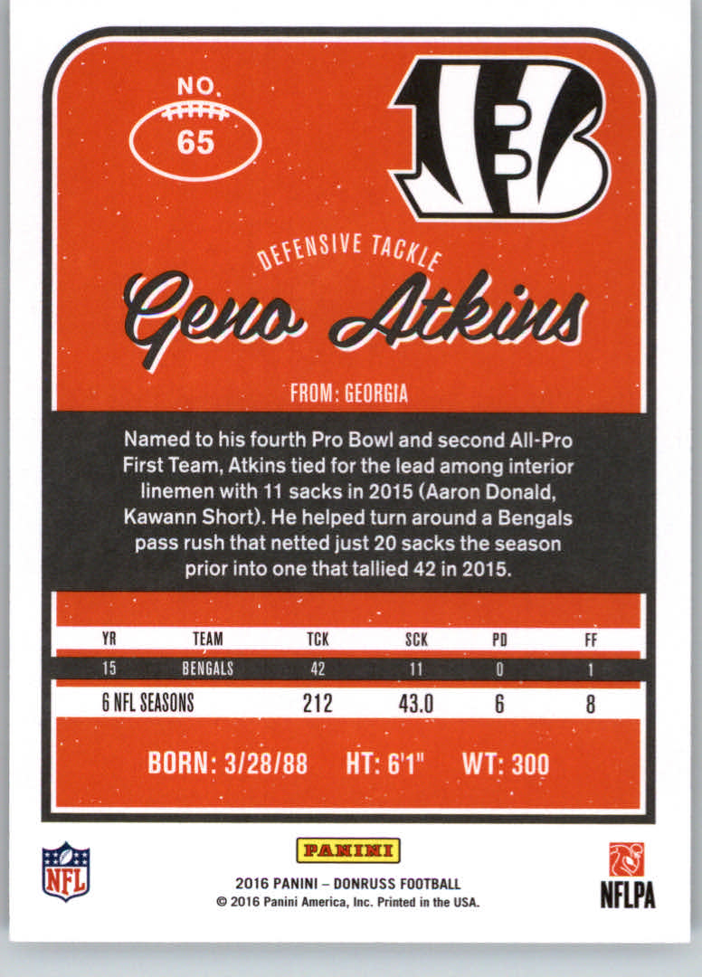 2016 Donruss Press Proofs Silver #65 Geno Atkins back image