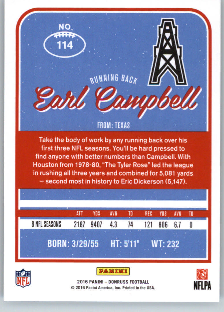 2016 Donruss Press Proofs Silver #114 Earl Campbell back image