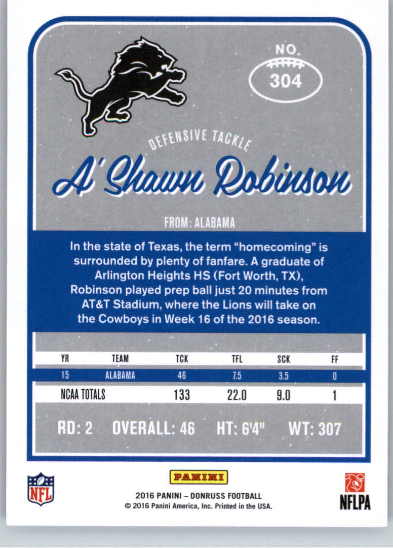 2016 Donruss Press Proofs Silver #304 A'Shawn Robinson back image
