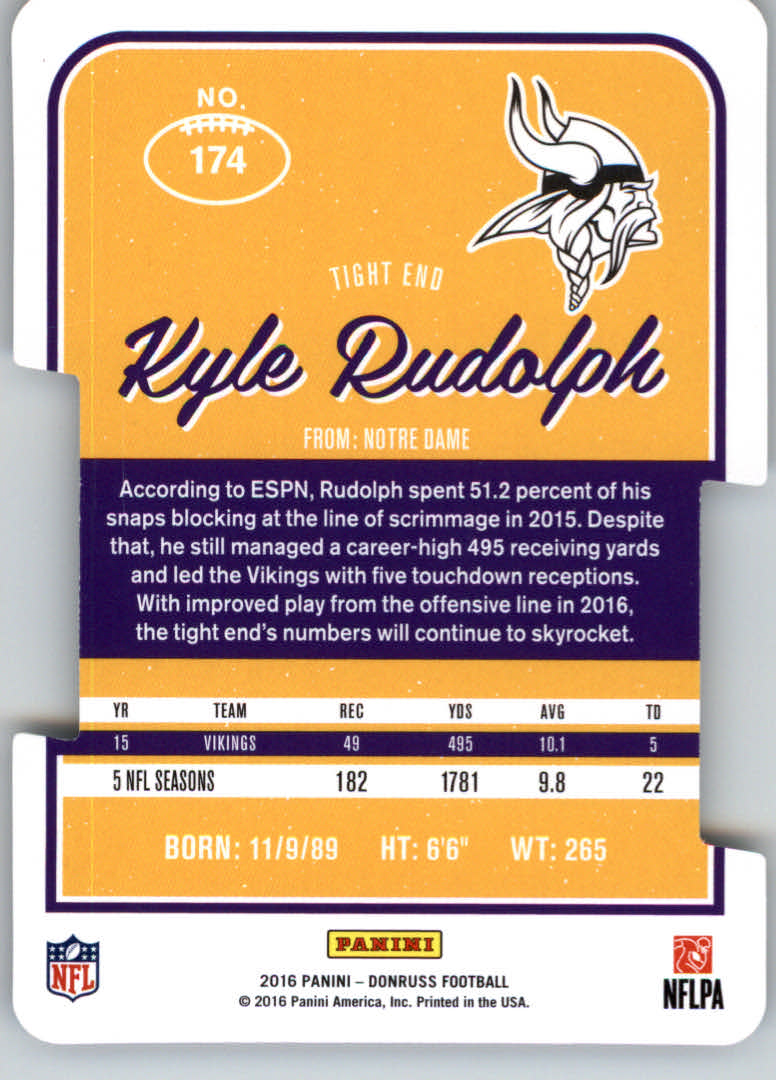 2016 Donruss Press Proofs Silver Die Cut #174 Kyle Rudolph back image