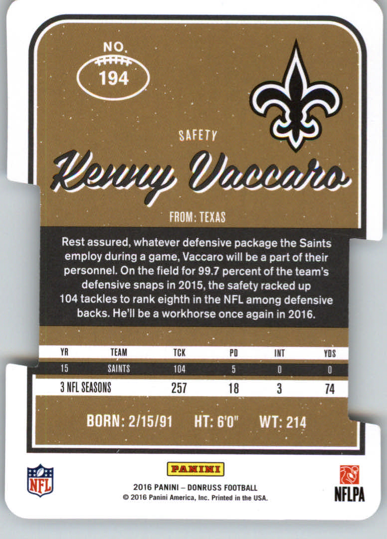 2016 Donruss Press Proofs Silver Die Cut #194 Kenny Vaccaro back image