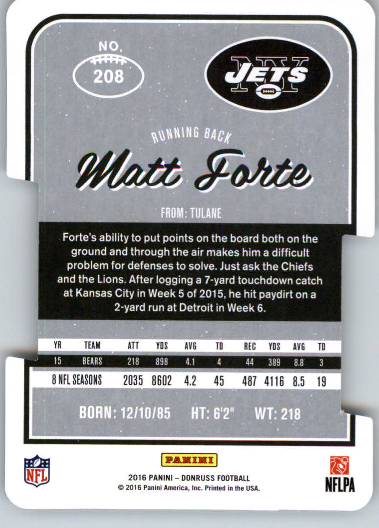 2016 Donruss Press Proofs Silver Die Cut #208 Matt Forte back image