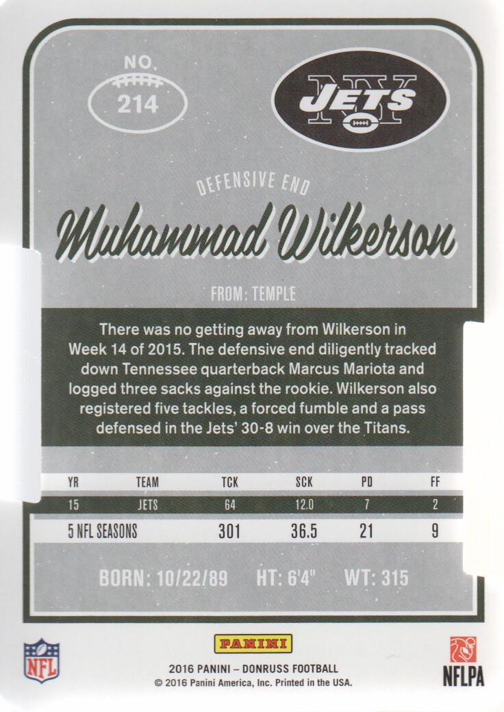 2016 Donruss Press Proofs Silver Die Cut #214 Muhammad Wilkerson back image