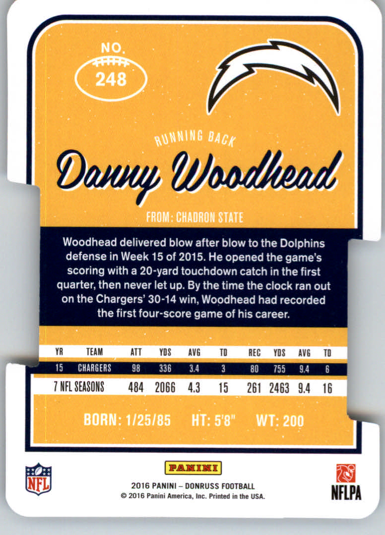 2016 Donruss Press Proofs Silver Die Cut #248 Danny Woodhead back image