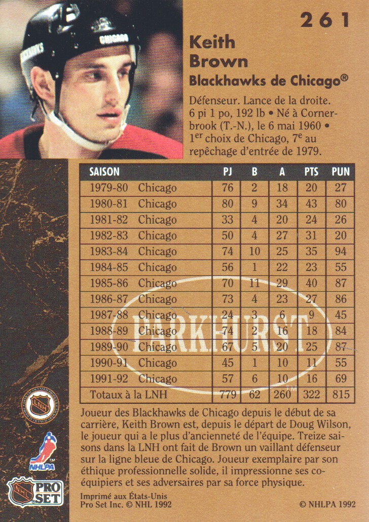 1991-92 Parkhurst French #261 Keith Brown back image