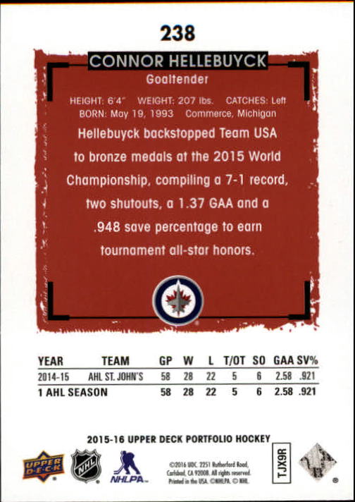 2015-16 Upper Deck Portfolio #238 Connor Hellebuyck RC