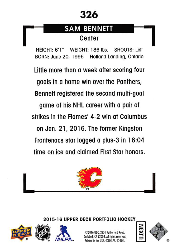 2015-16 Upper Deck Portfolio #326 Sam Bennett back image