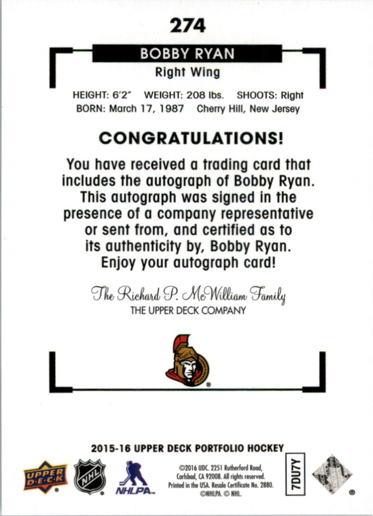 2015-16 Upper Deck Portfolio Autographs #274 Bobby Ryan B back image