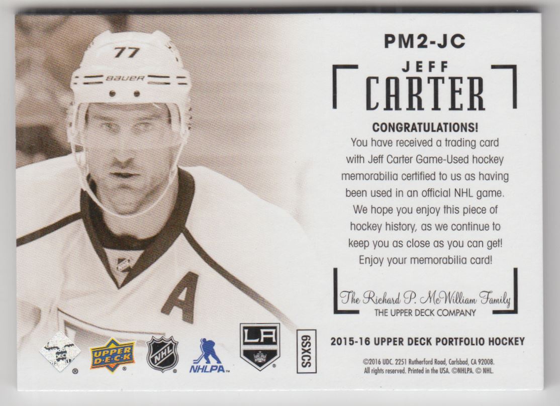 2015-16 Upper Deck Portfolio Profiles Material Dual Silver Premium Series #PM2JC Jeff Carter C back image