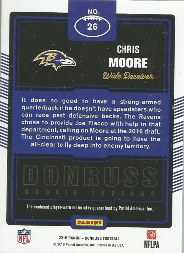 2016 Donruss Rookie Threads #26 Chris Moore back image